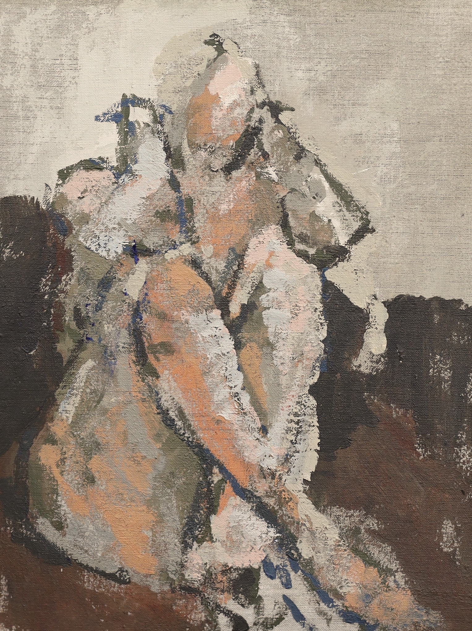 Henry Mee (English, b.1955), Seated female nude, oil on canvas, 36 x 28.5cm, in the original frame supplied by the artist with artist's plaque verso